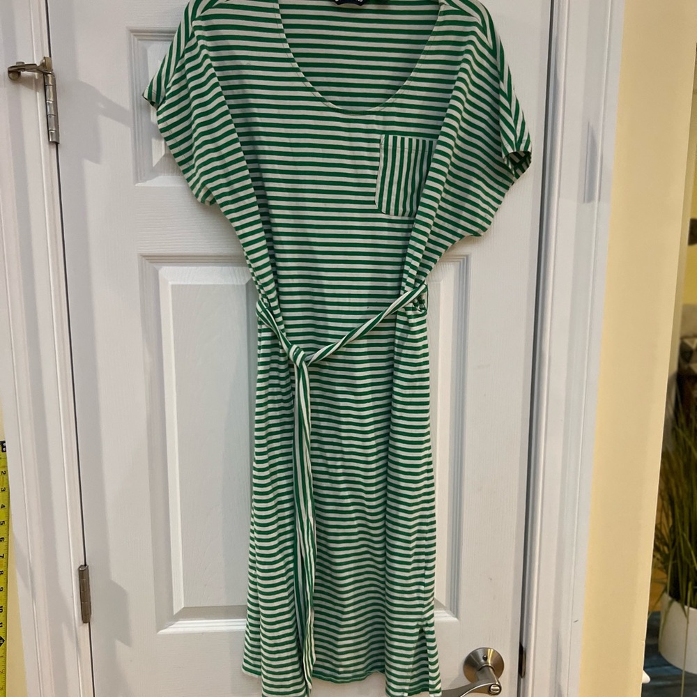 Women's Size L/P (14-16) "Lands' End" Green and White Striped Midi Dress GUC ❤️
